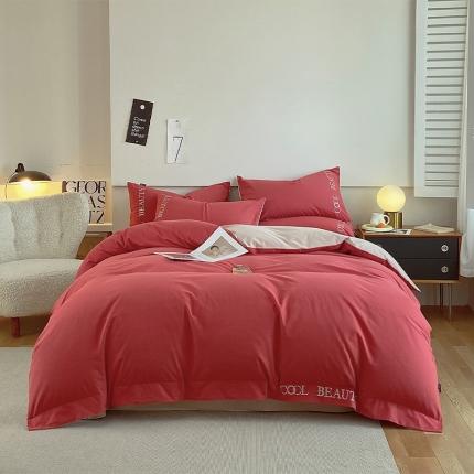 91家纺网 家纺一手货源 找家纺 2023新款全棉磨毛绣花四件套 潮流-嫣红