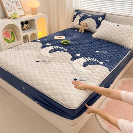 新款牛奶绒夹棉床笠床罩床单床盖床护垫套三件套 月色