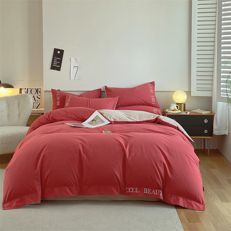 91家纺网 家纺一手货源 找家纺 2023新款全棉磨毛绣花四件套 潮流-嫣红