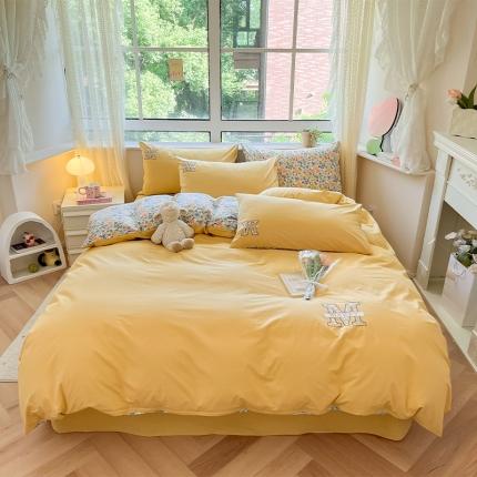 91家纺网 家纺一手货源 找家纺 2023新款40S全棉喷气水洗棉四件套 柳黄