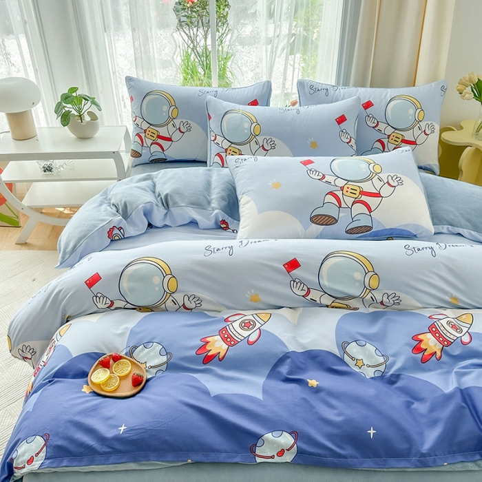 91家纺网 家纺一手货源 找家纺 金鑫汇 2023新款A版面料+B版高克重牛奶绒四件套 棉加绒-翱翔太空