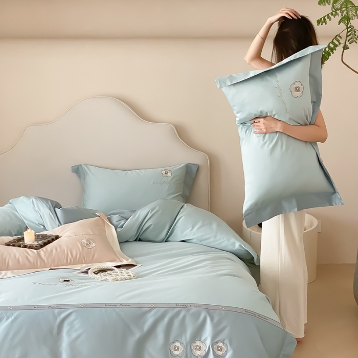 91家纺网 家纺一手货源 找家纺 用心 2023新款长绒棉高端家居刺绣四件套-瑞莎 瑞莎—蓝