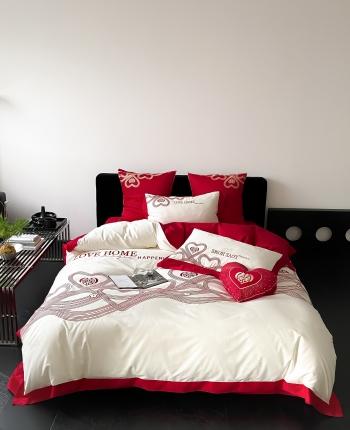 91家纺网 家纺一手货源 找家纺 用心 2023新款长绒棉提花高端刺绣家居婚庆四件套 爱的小屋