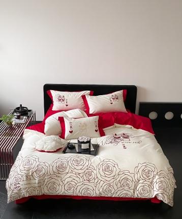 91家纺网 家纺一手货源 找家纺 用心 2023新款长绒棉提花高端刺绣家居婚庆四件套 欢喜