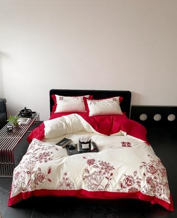 91家纺网 家纺一手货源 找家纺 用心 2023新款长绒棉提花高端刺绣家居婚庆四件套 夜庭之喜