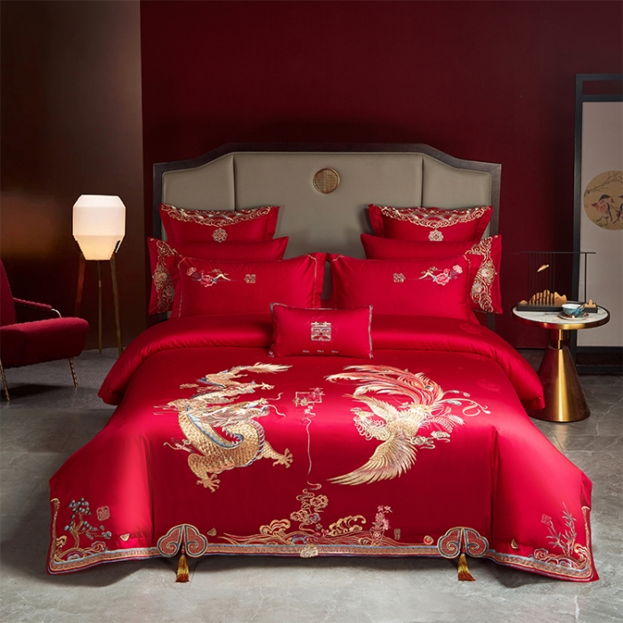 91家纺网 家纺一手货源 找家纺 （总）用心 2023新款长绒棉提花高端绣花龙凤婚庆四件套
