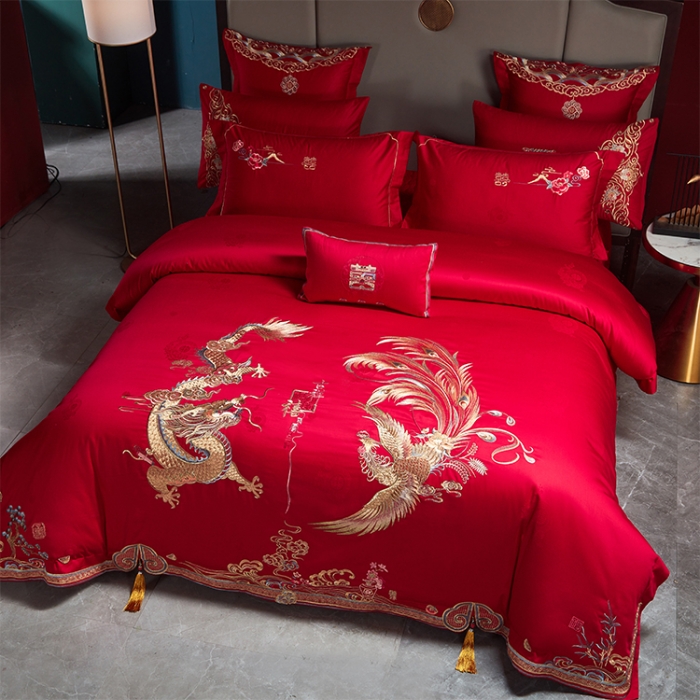 91家纺网 家纺一手货源 找家纺 （总）用心 2023新款长绒棉提花高端绣花龙凤婚庆四件套