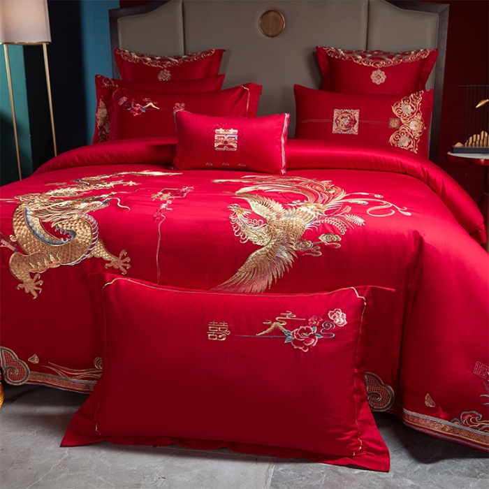 91家纺网 家纺一手货源 找家纺 （总）用心 2023新款长绒棉提花高端绣花龙凤婚庆四件套
