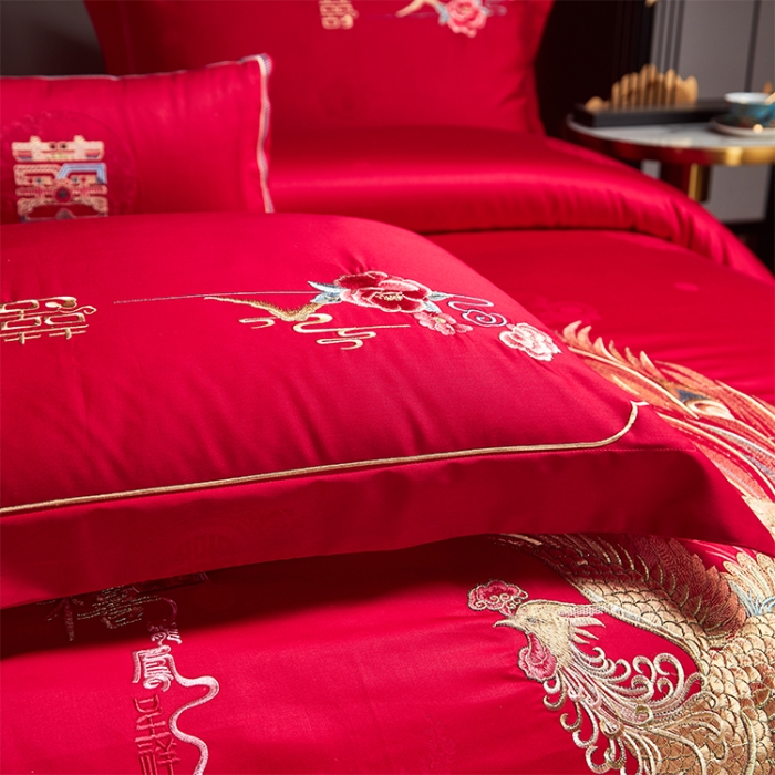91家纺网 家纺一手货源 找家纺 （总）用心 2023新款长绒棉提花高端绣花龙凤婚庆四件套