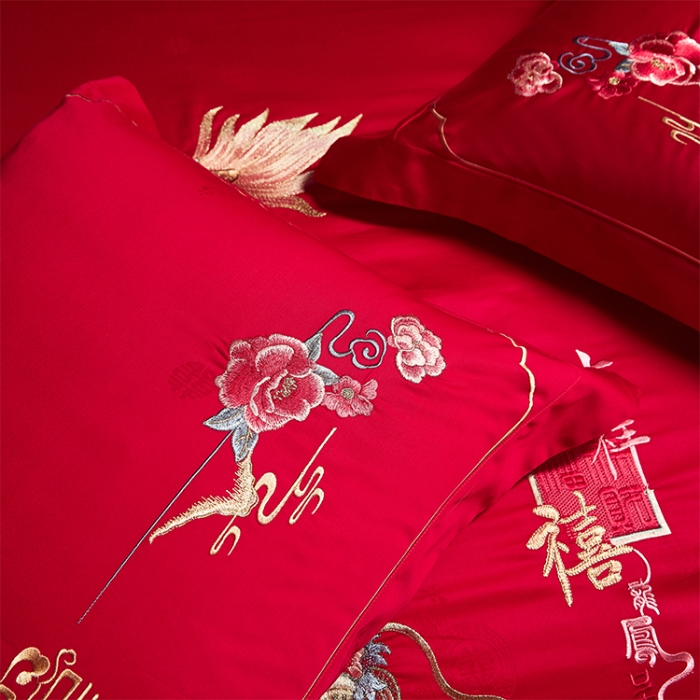 91家纺网 家纺一手货源 找家纺 （总）用心 2023新款长绒棉提花高端绣花龙凤婚庆四件套