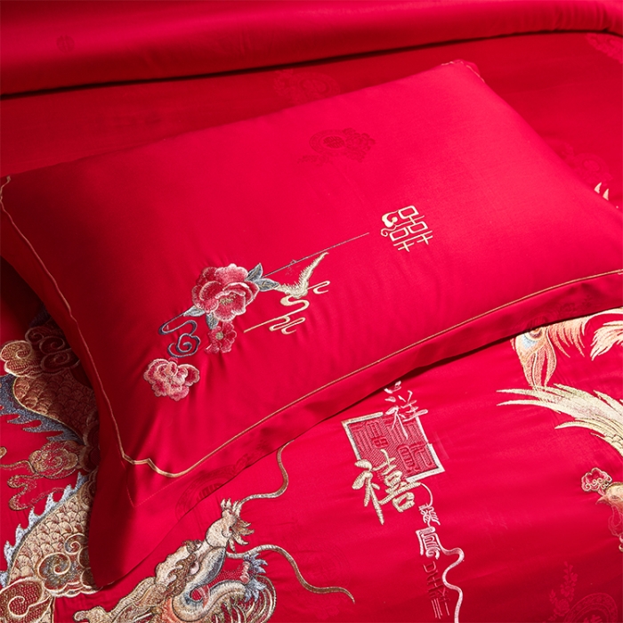 91家纺网 家纺一手货源 找家纺 （总）用心 2023新款长绒棉提花高端绣花龙凤婚庆四件套