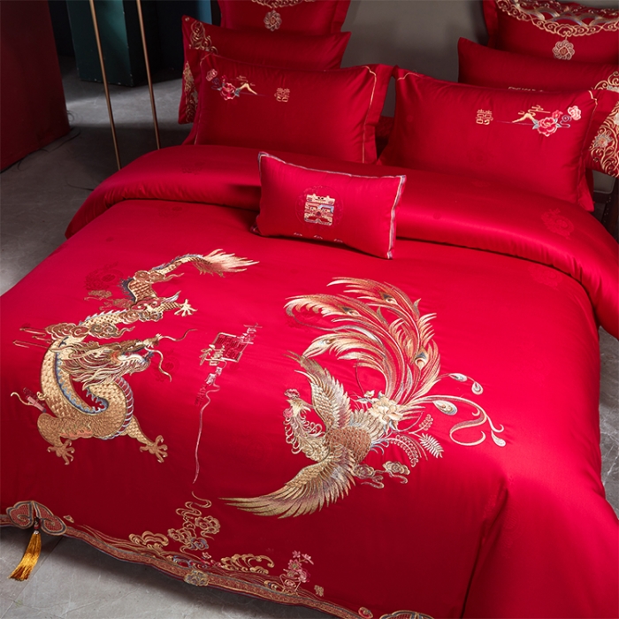 91家纺网 家纺一手货源 找家纺 （总）用心 2023新款长绒棉提花高端绣花龙凤婚庆四件套