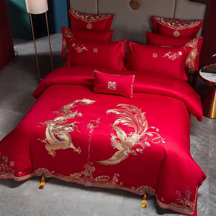 91家纺网 家纺一手货源 找家纺 用心 2023新款长绒棉提花高端绣花龙凤婚庆四件套 龙凤千禧