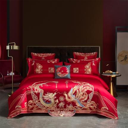 用心 2023新款长绒棉提花高端绣花龙凤婚庆四件套 龙凤瑞彩