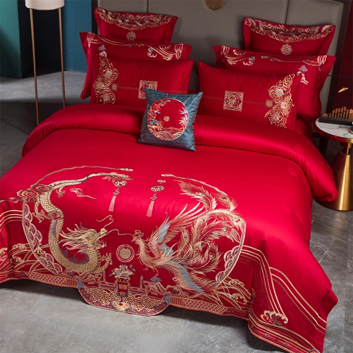 91家纺网 家纺一手货源 找家纺 用心 2023新款长绒棉提花高端绣花龙凤婚庆四件套 龙凤瑞彩