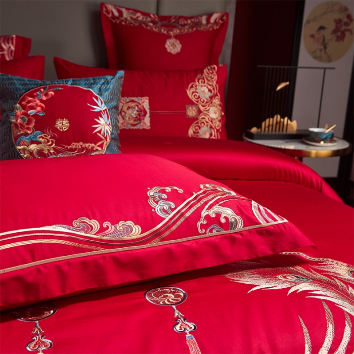 91家纺网 家纺一手货源 找家纺 用心 2023新款长绒棉提花高端绣花龙凤婚庆四件套 龙凤瑞彩