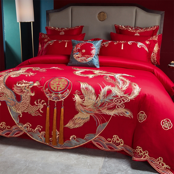 91家纺网 家纺一手货源 找家纺 （总）用心 2023新款全棉高端绣花龙凤婚庆四件套