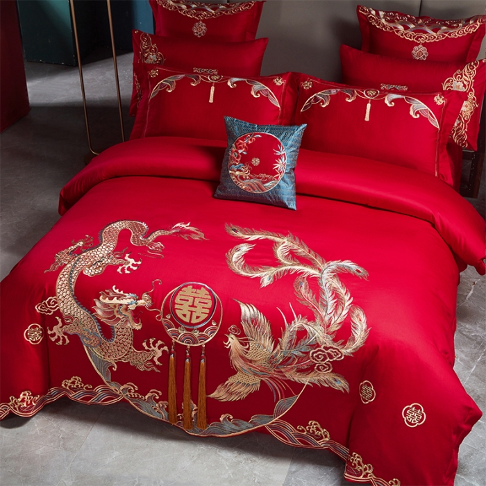 91家纺网 家纺一手货源 找家纺 用心 2023新款全棉高端绣花龙凤婚庆四件套 龙凤百喜（彩）