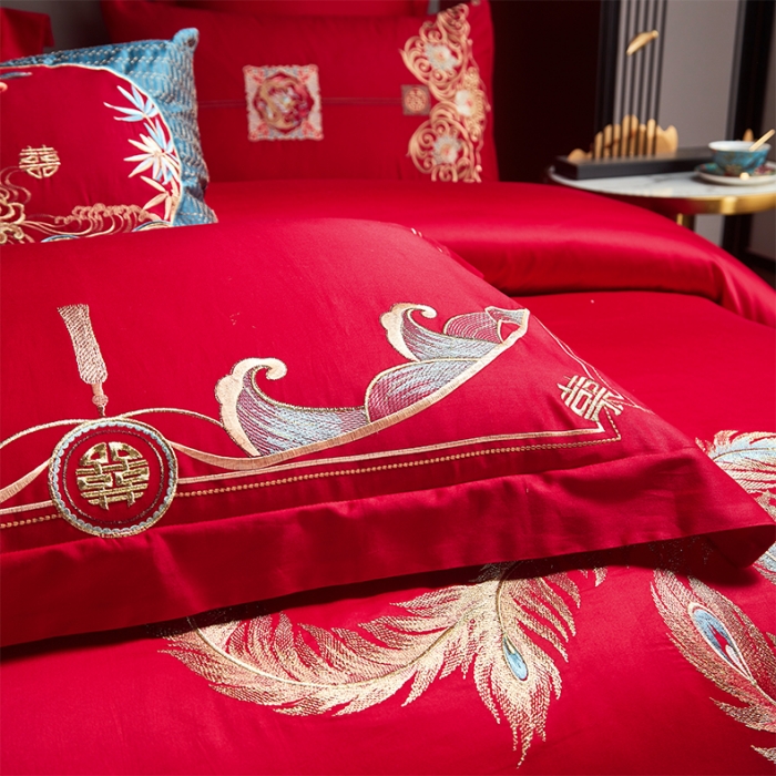 91家纺网 家纺一手货源 找家纺 用心 2023新款全棉高端绣花龙凤婚庆四件套 龙凤百喜（彩）