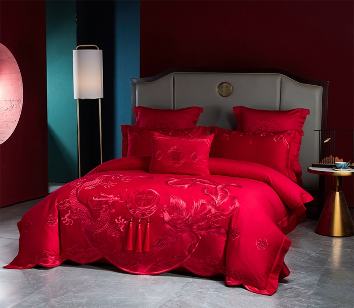 91家纺网 家纺一手货源 找家纺 用心 2023新款全棉高端绣花龙凤婚庆四件套 龙凤百喜（红）