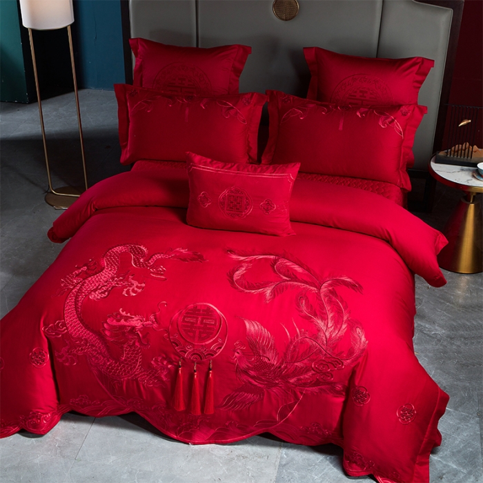 91家纺网 家纺一手货源 找家纺 用心 2023新款全棉高端绣花龙凤婚庆四件套 龙凤百喜（红）