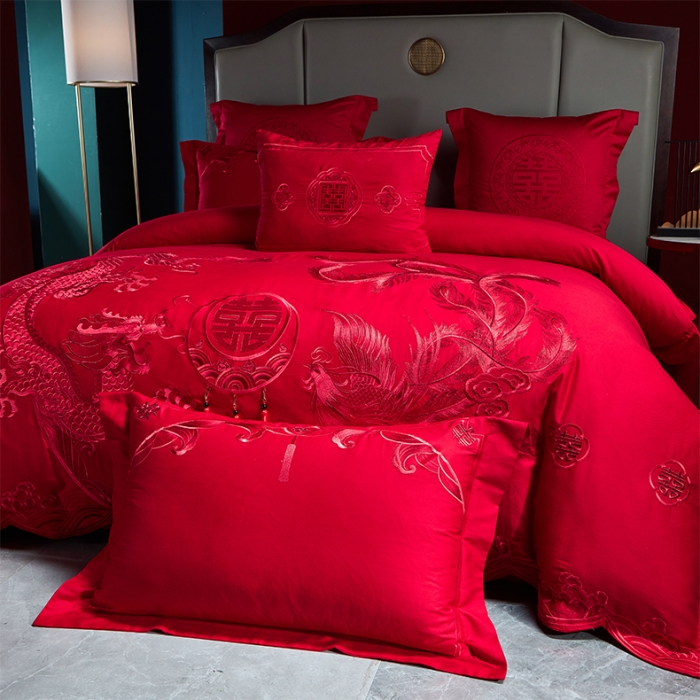 91家纺网 家纺一手货源 找家纺 用心 2023新款全棉高端绣花龙凤婚庆四件套 龙凤百喜（红）
