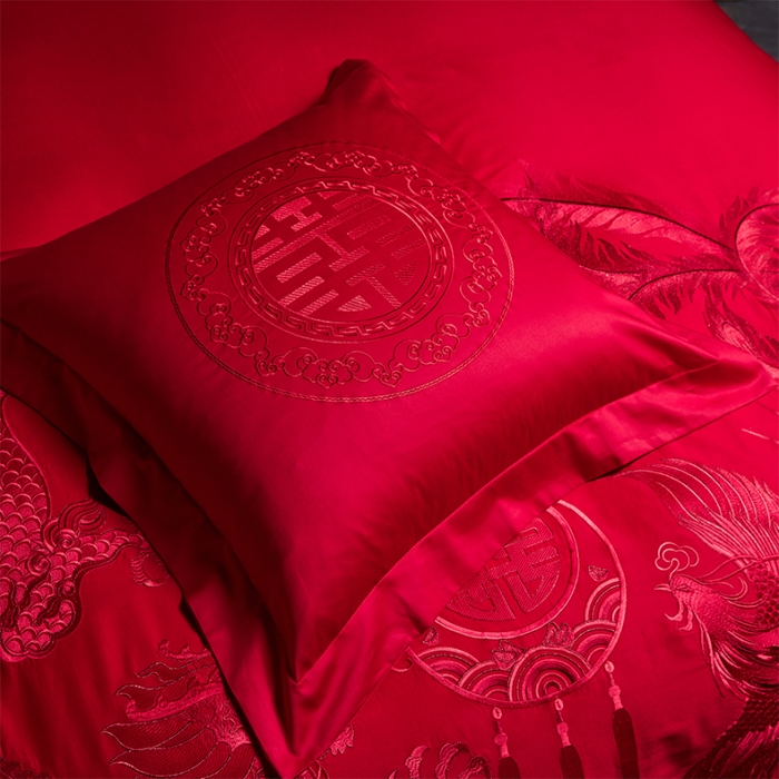 91家纺网 家纺一手货源 找家纺 用心 2023新款全棉高端绣花龙凤婚庆四件套 龙凤百喜（红）