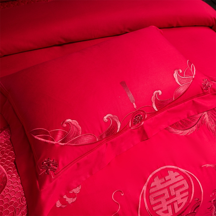 91家纺网 家纺一手货源 找家纺 用心 2023新款全棉高端绣花龙凤婚庆四件套 龙凤百喜（红）