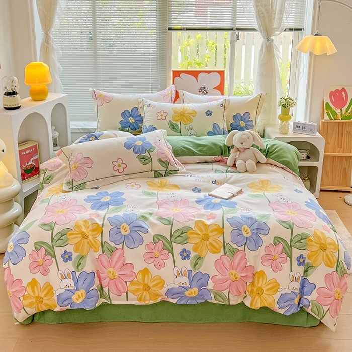 91家纺网 家纺一手货源 找家纺 棉生活 2023新款铂金全棉磨毛系列（AB版）四件套 花园兔