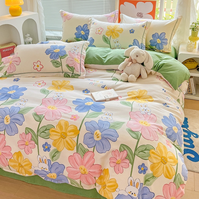 91家纺网 家纺一手货源 找家纺 棉生活 2023新款铂金全棉磨毛系列（AB版）四件套 花园兔