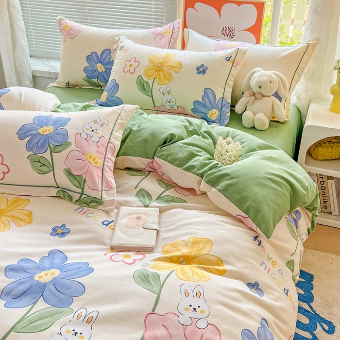 91家纺网 家纺一手货源 找家纺 棉生活 2023新款铂金全棉磨毛系列（AB版）四件套 花园兔