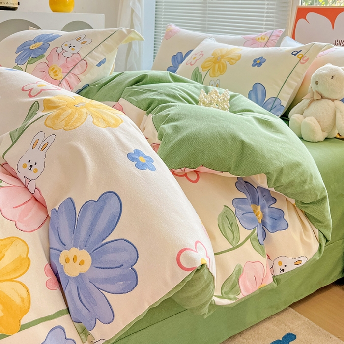 91家纺网 家纺一手货源 找家纺 棉生活 2023新款铂金全棉磨毛系列（AB版）四件套 花园兔