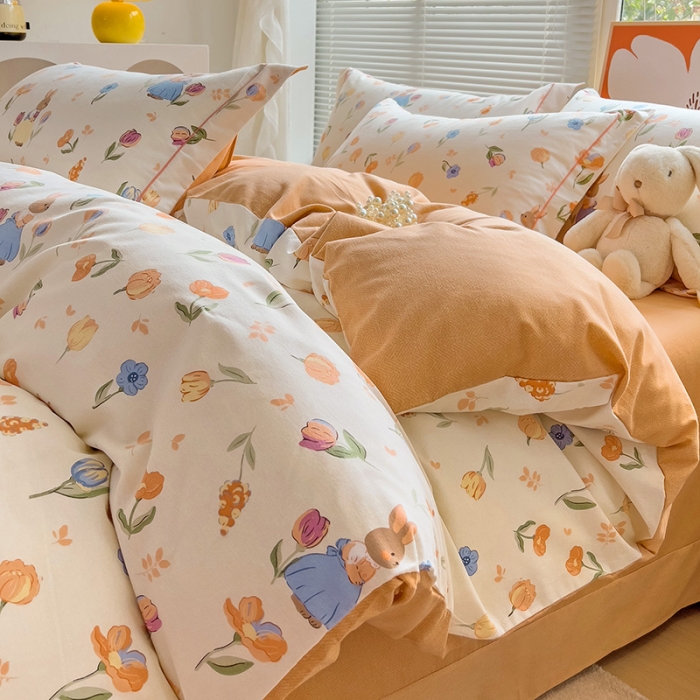 91家纺网 家纺一手货源 找家纺 棉生活 2023新款铂金全棉磨毛系列（AB版）四件套 小兔庄园