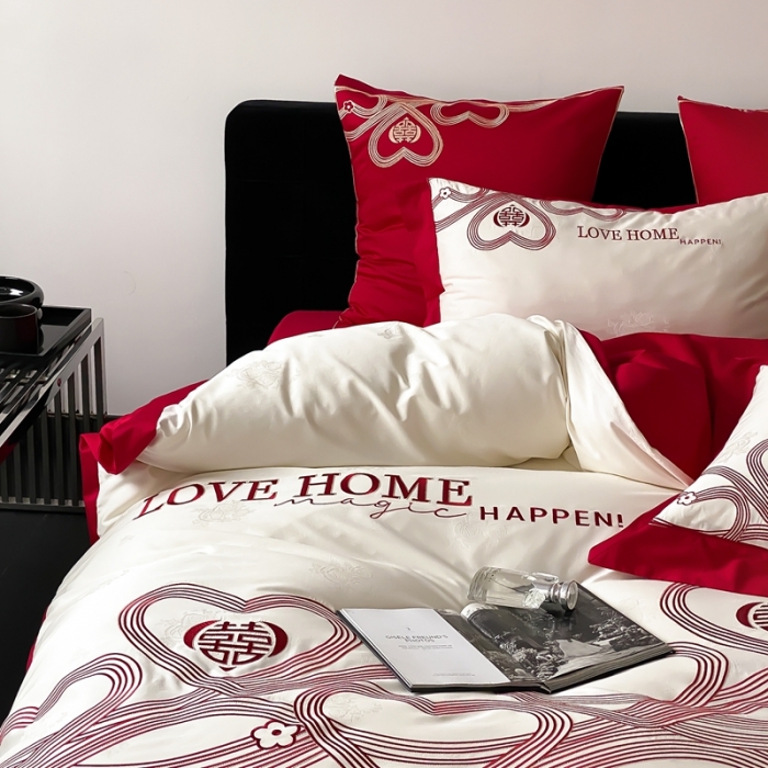 91家纺网 家纺一手货源 找家纺 用心 2023新款长绒棉提花高端刺绣家居婚庆四件套 爱的小屋