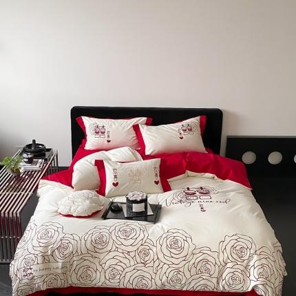 用心 2023新款长绒棉提花高端刺绣家居婚庆四件套 欢喜