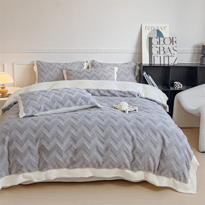 91家纺网 家纺一手货源 找家纺 KA家纺 2023新款轻奢定制宽边拼角兔兔绒牛奶绒四件套 轻奢-高级灰