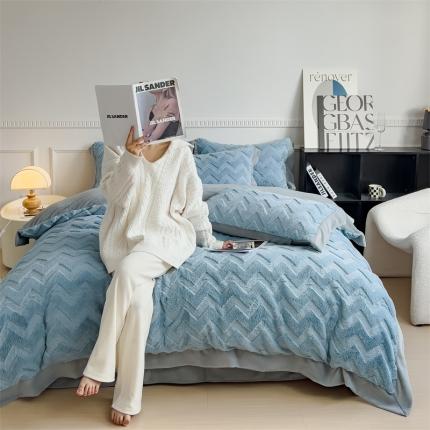 91家纺网 家纺一手货源 找家纺 KA家纺 2023新款轻奢定制宽边拼角兔兔绒牛奶绒四件套 轻奢-宝石蓝