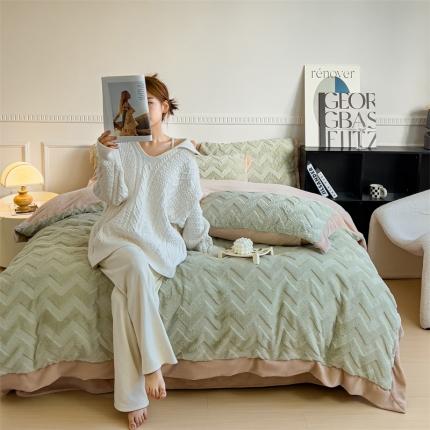 91家纺网 家纺一手货源 找家纺 KA家纺 2023新款轻奢定制宽边拼角兔兔绒牛奶绒四件套 轻奢-湖绿色