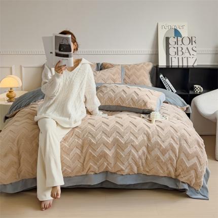 91家纺网 家纺一手货源 找家纺 KA家纺 2023新款轻奢定制宽边拼角兔兔绒牛奶绒四件套 轻奢-米驼色