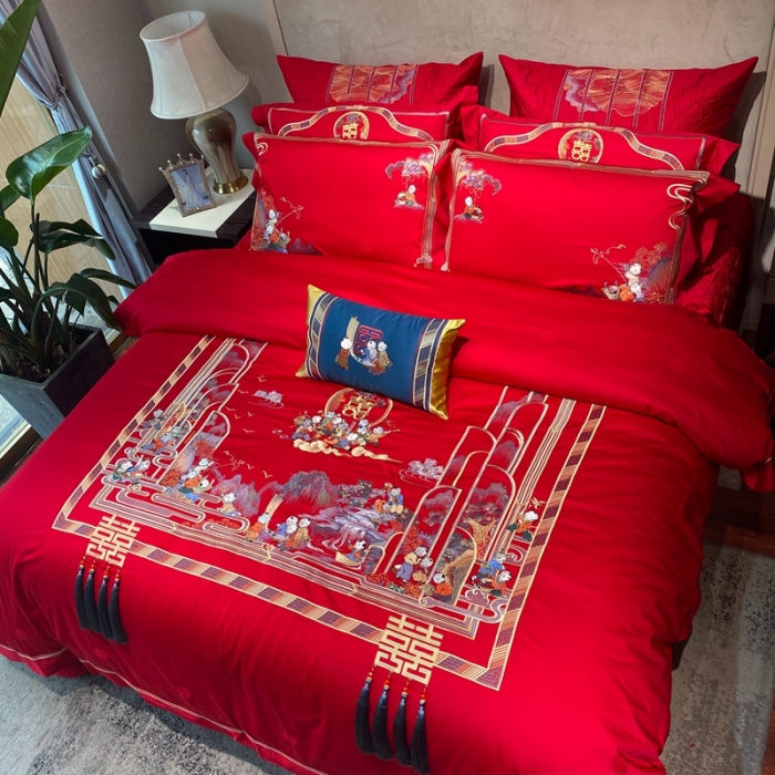 91家纺网 家纺一手货源 找家纺 爱情故事 2025新款100支婚庆四件套实拍 百子纳福