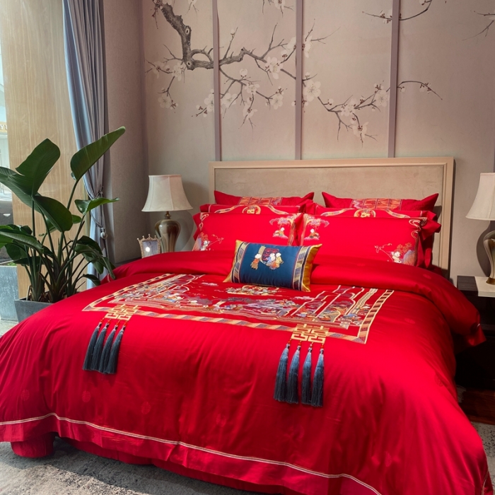 91家纺网 家纺一手货源 找家纺 爱情故事 2025新款100支婚庆四件套实拍 百子纳福