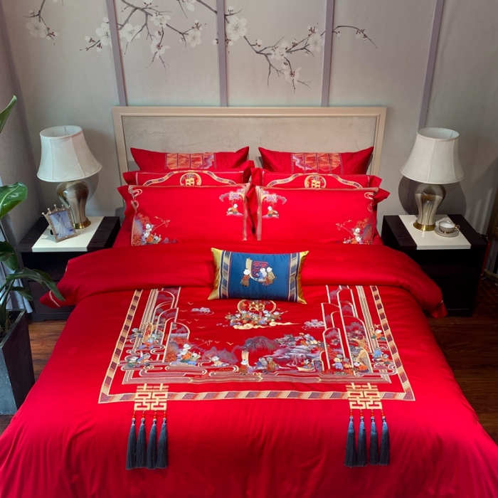 91家纺网 家纺一手货源 找家纺 爱情故事 2025新款100支婚庆四件套实拍 百子纳福