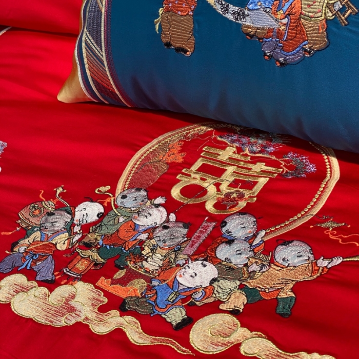 91家纺网 家纺一手货源 找家纺 爱情故事 2025新款100支婚庆四件套实拍 百子纳福