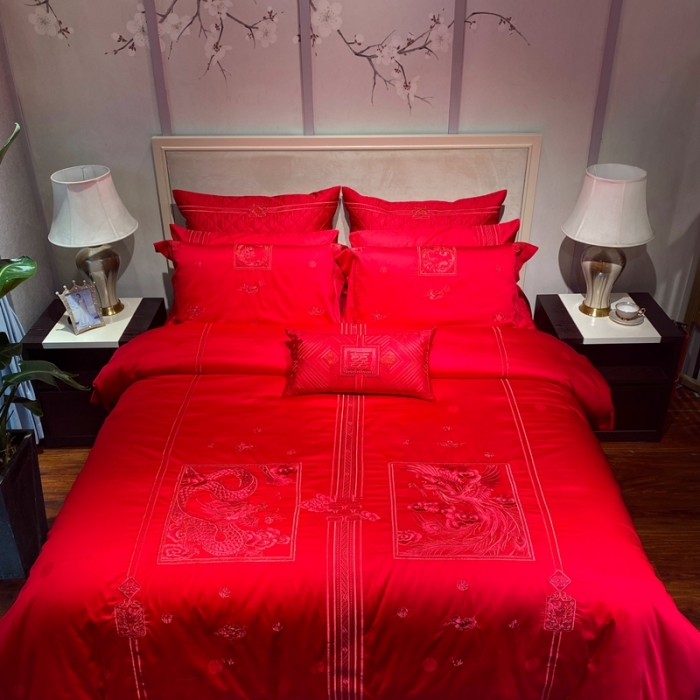 91家纺网 家纺一手货源 找家纺 爱情故事 2025新款100支婚庆四件套实拍 福禄寿喜红