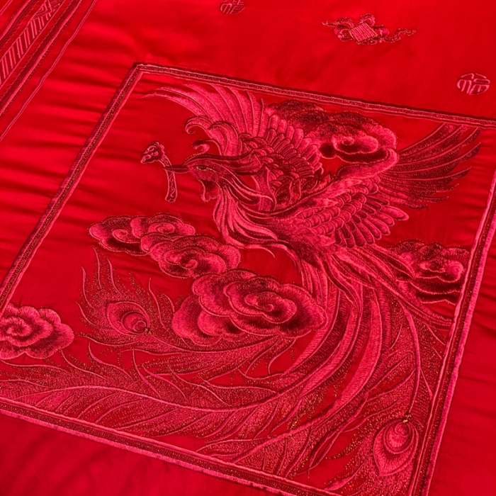 91家纺网 家纺一手货源 找家纺 爱情故事 2025新款100支婚庆四件套实拍 福禄寿喜红