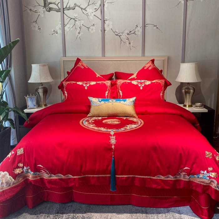 91家纺网 家纺一手货源 找家纺 爱情故事 2025新款100支婚庆四件套实拍 赋春图