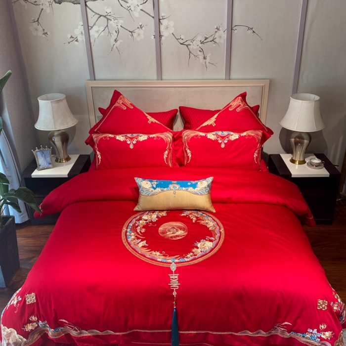 91家纺网 家纺一手货源 找家纺 爱情故事 2025新款100支婚庆四件套实拍 赋春图