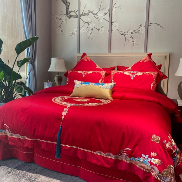 91家纺网 家纺一手货源 找家纺 爱情故事 2025新款100支婚庆四件套实拍 赋春图