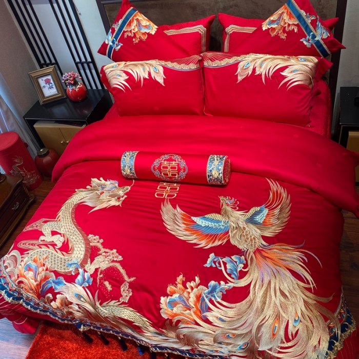 91家纺网 家纺一手货源 找家纺 爱情故事 2025新款100支婚庆四件套实拍 龙凤呈祥