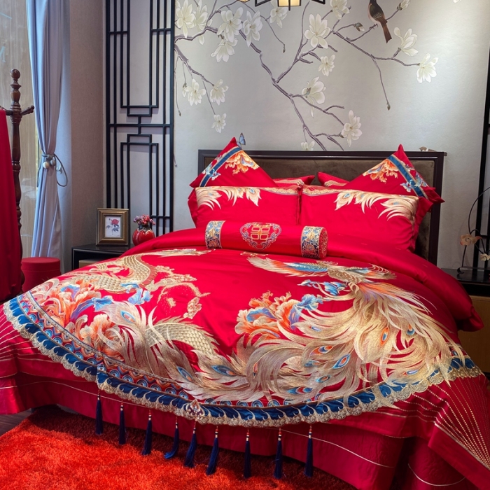 91家纺网 家纺一手货源 找家纺 爱情故事 2025新款100支婚庆四件套实拍 龙凤呈祥